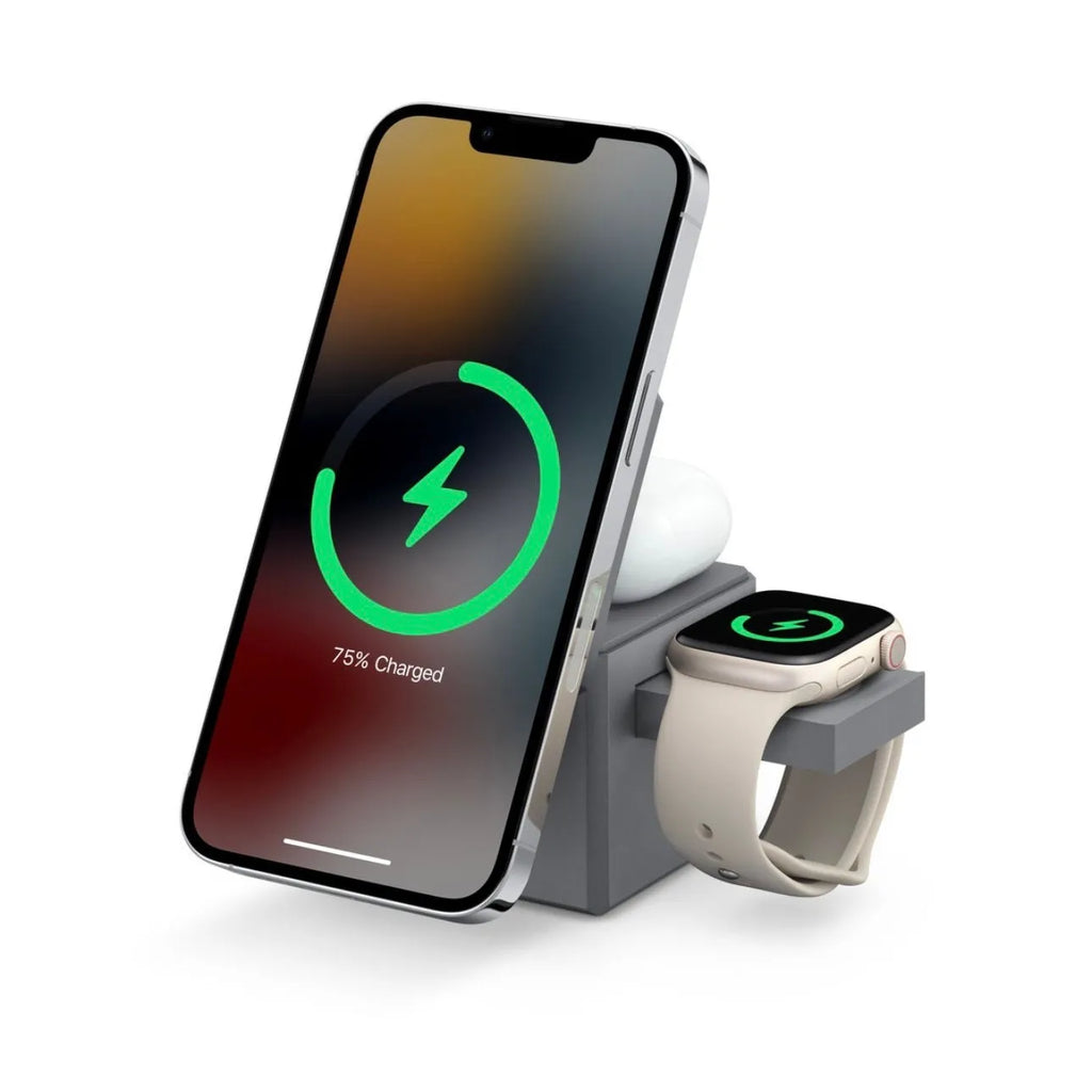 Foldable magnetic wireless charger showing iPhone AirPods and Apple Watch charging simultaneously