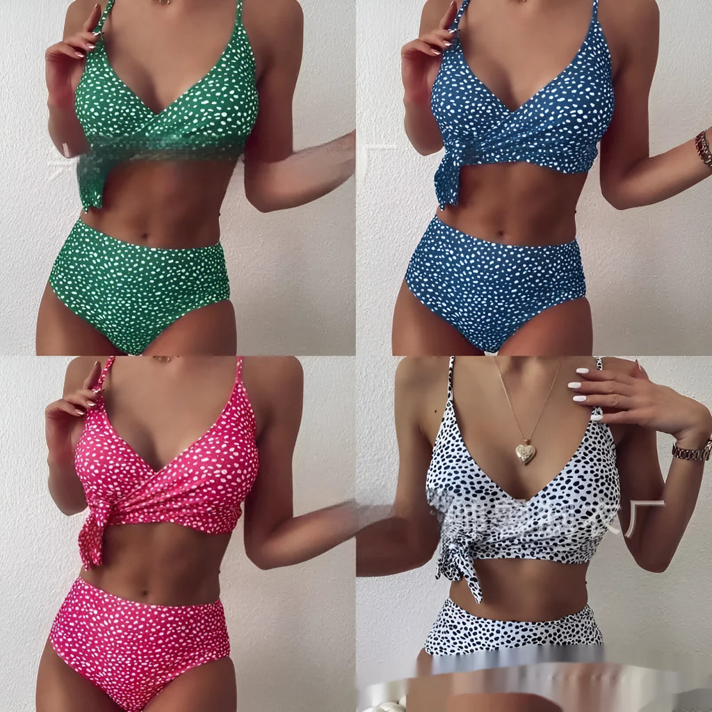 Women's split bikini set in polka dot with raindrop cross design, polyester, top and briefs included
