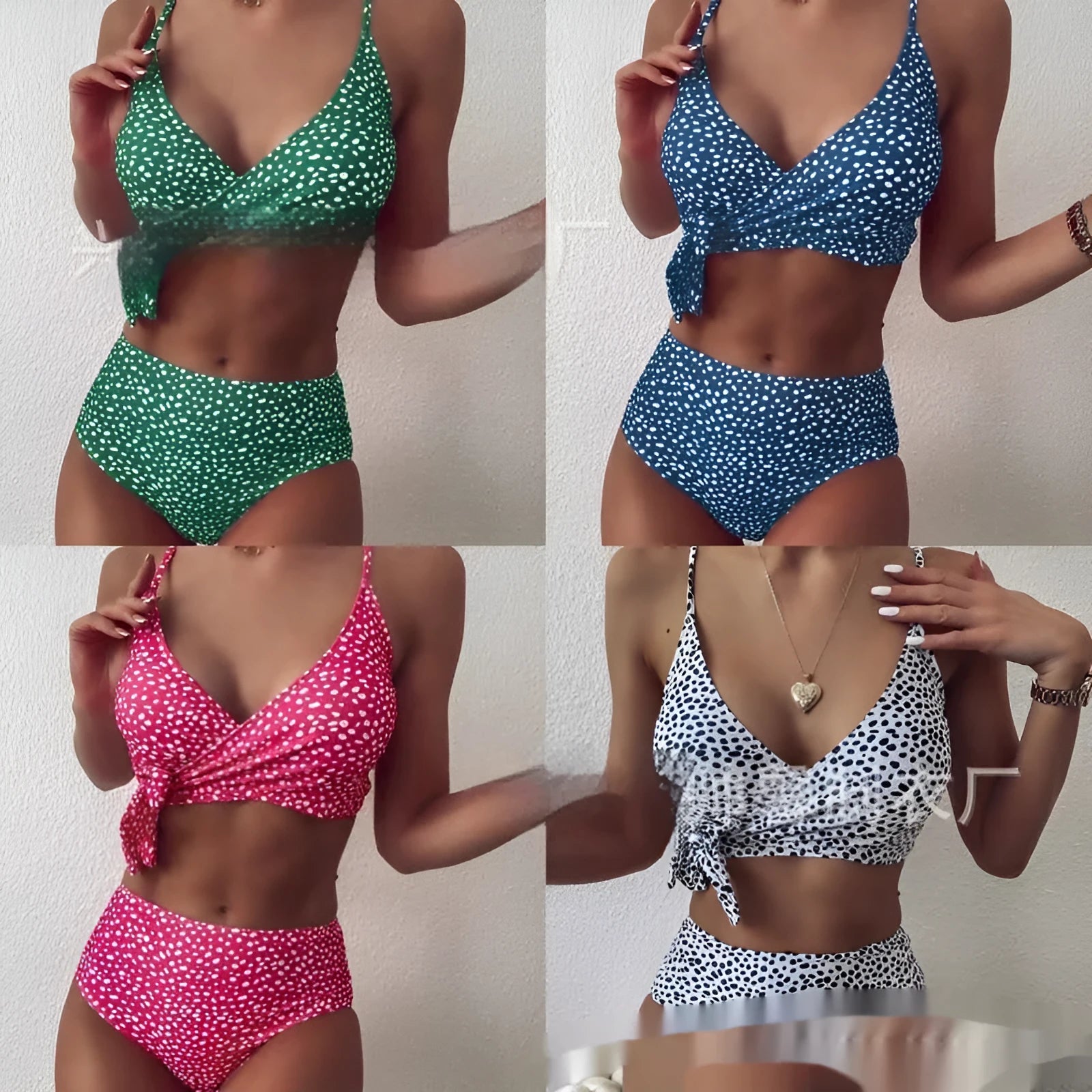 Women's split bikini set in polka dot with raindrop cross design, polyester, top and briefs included