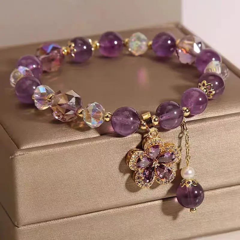 Natural purple amethyst crystal bracelet with nine-tailed fox pendant and flower charm