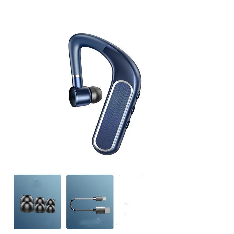 Black Bluetooth earphones with a hanging-ear design and multiple silicone ear caps, shown alongside a charging case.