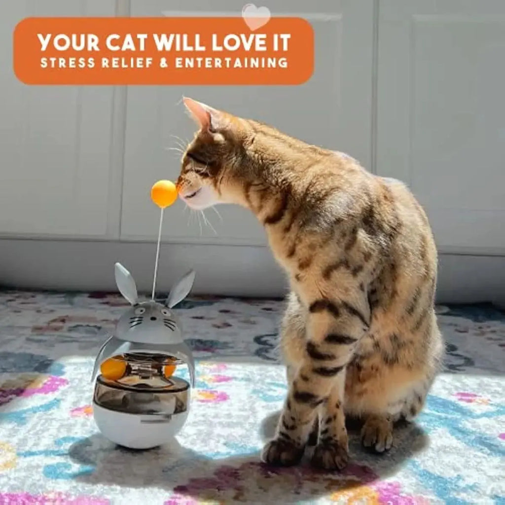 Interactive cat feeder toy in car shape with treat dispenser and sounding bell, available in brown, gray, pink, and white