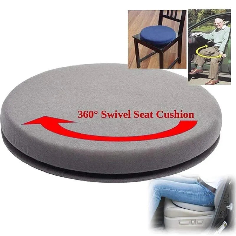 Grey rotating car seat cushion with a non-slip base on a car seat.