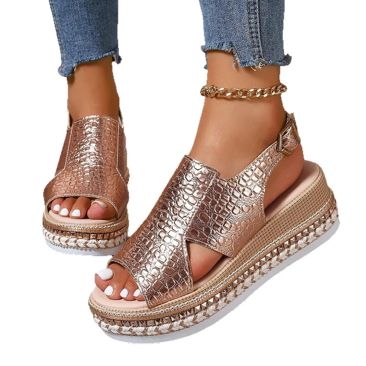 Gold women's Roman shoes with round toe, hollow-out design, and adjustable ankle buckle