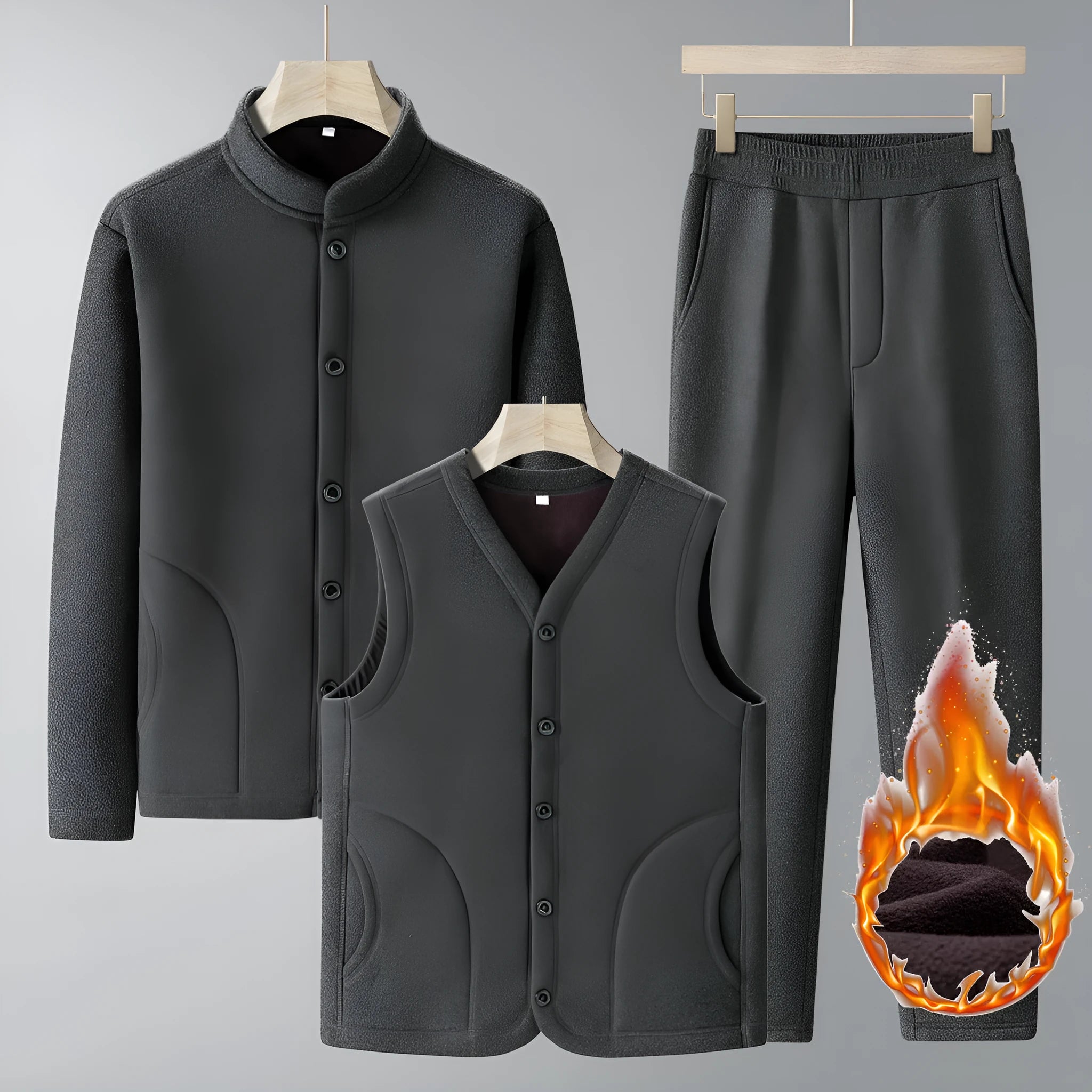 Men wearing dark gray velvet sport suit with long-sleeve jacket and trousers, wool lined winter tracksuit