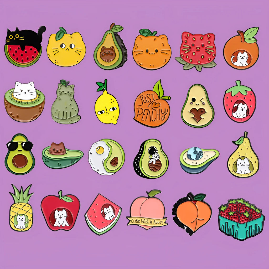 Colourful cartoon fruit zinc alloy brooch with pin back on denim jacket lapel