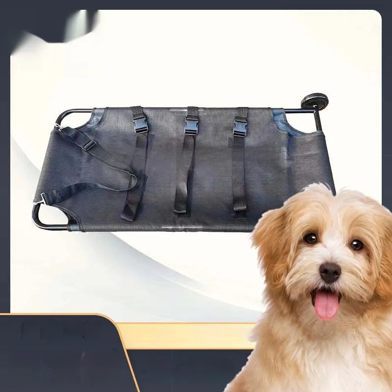 Black aluminium alloy foldable pet stretcher for large dog emergency transport.