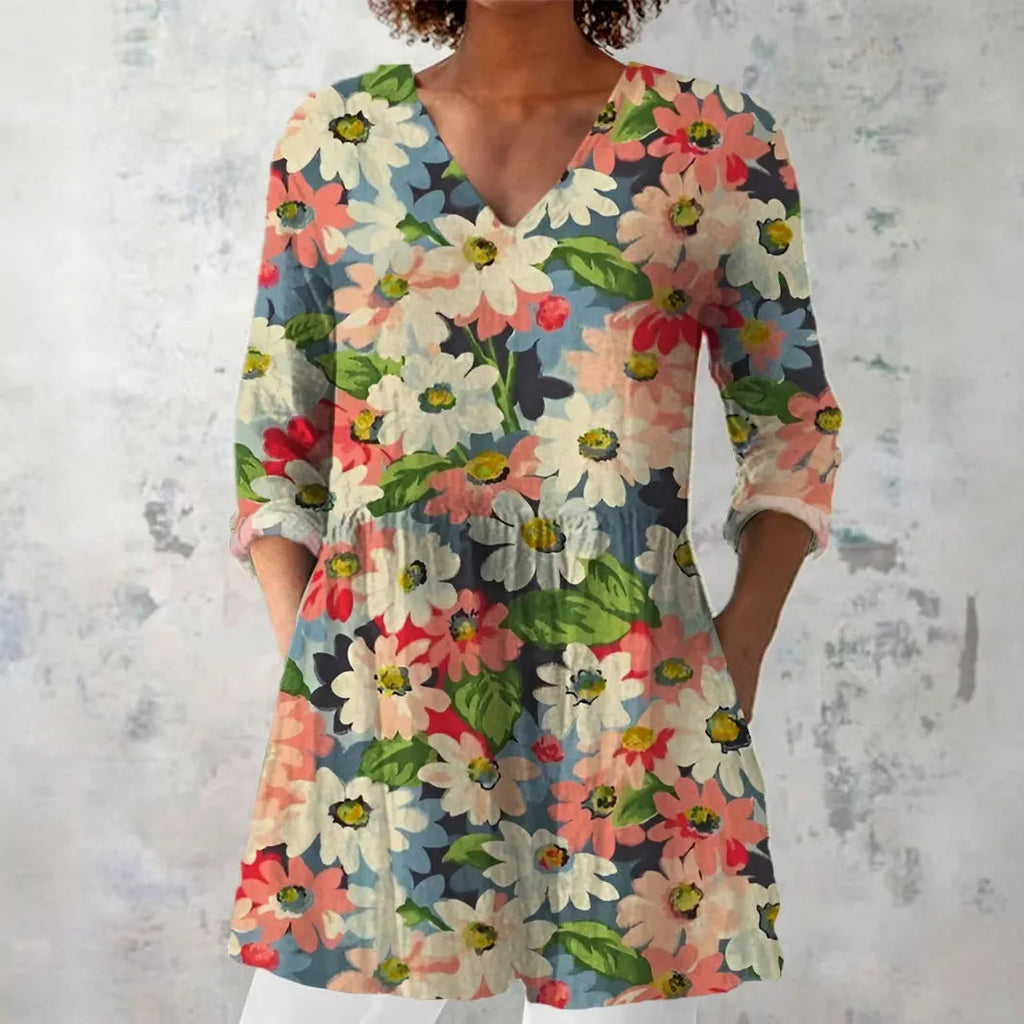 Women's retro slim fit long-sleeved polyester top with digital print, sizes S to 5XL