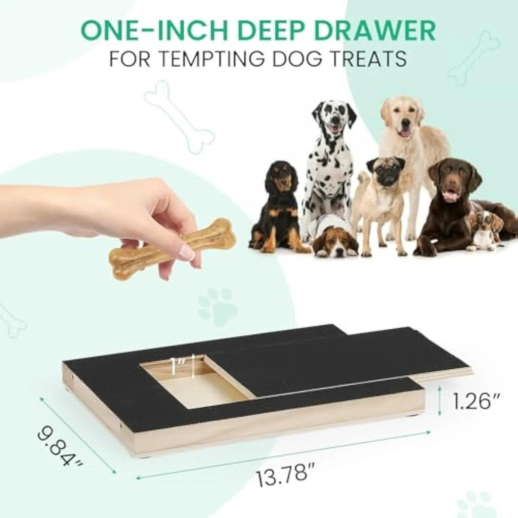 Wooden dog nail scratch board with treat drawer and non-slip pads on floor