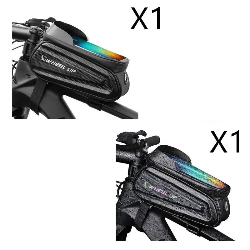 Black and grey EVA bicycle phone bag with reflective strip mounted on a bike frame tube