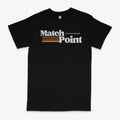 Black men's t-shirt with a colourful 3D digital printed pattern on the front, showing short sleeves and a round neck.