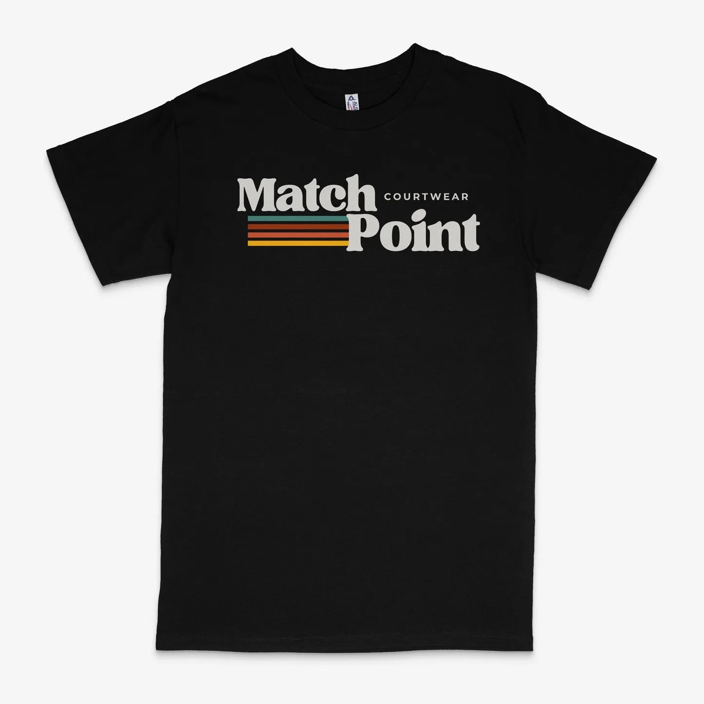 Black men's t-shirt with a colourful 3D digital printed pattern on the front, showing short sleeves and a round neck.