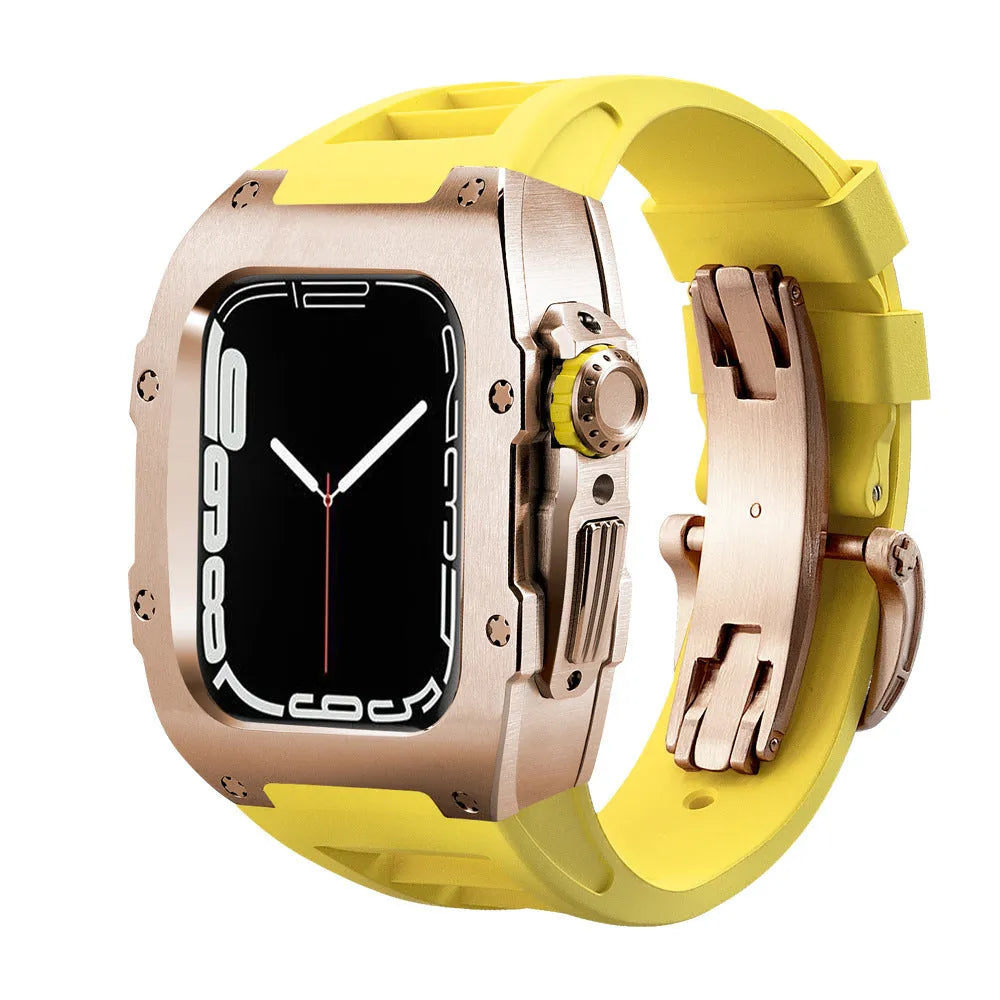 Alloy modified watch protective case for Apple Watch 44mm and 45mm in titanium alloy and fluorine rubber, shown in multiple colours.