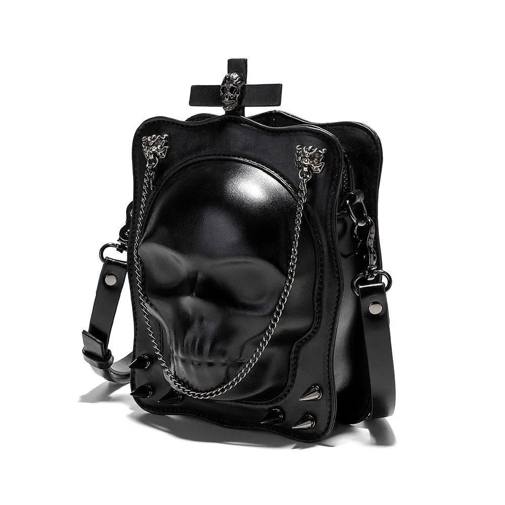 Black mini Halloween skull shoulder bag with zip closure, chain detail and phone pocket