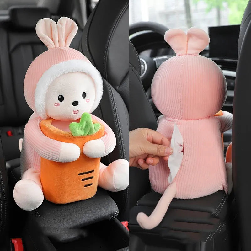 Plush car tissue box and rubbish bin combination in cute animal design for vehicle centre console