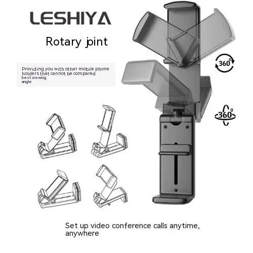 Foldable rotating universal mobile phone holder in black, shown open and closed, on a desk.