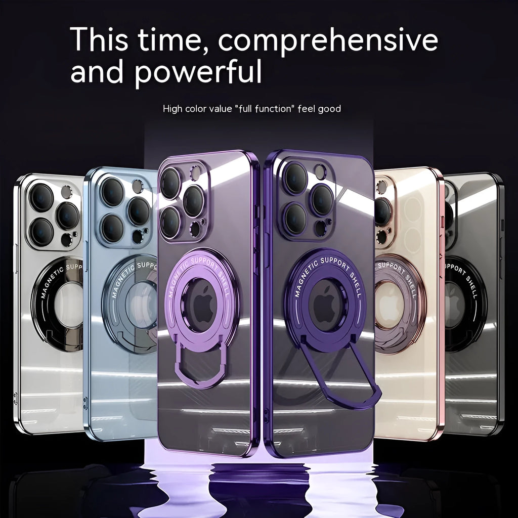 Transparent magnetic suction iPhone case with extended pull rod stand in far peak blue colour