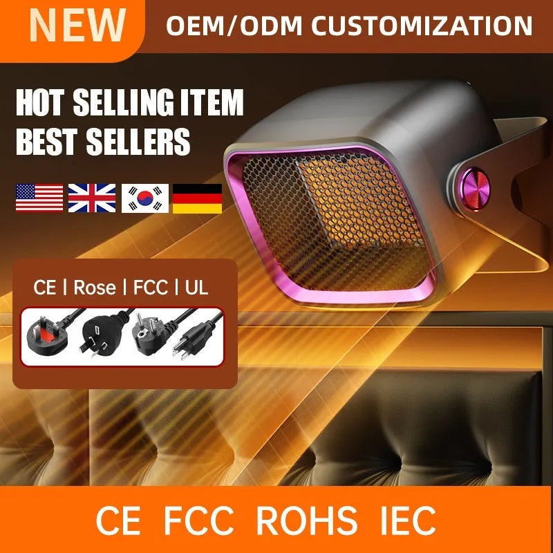 A compact grey desktop electric heater with a rotatable base on a table.