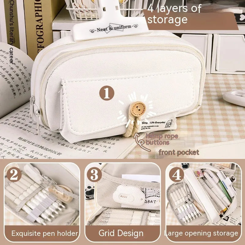 Green canvas pencil case with button closure, large capacity for pens.