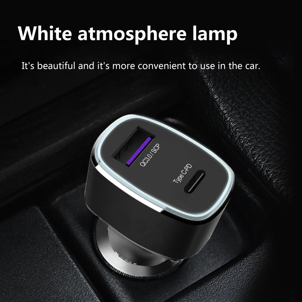 Dual USB and Type C car fast charger with QC 3.0 and PD support in black or grey