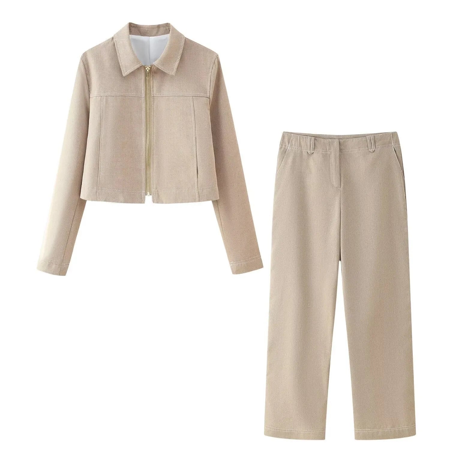 Women's herringbone pattern suit set with 3D embroidery, showing the long-sleeve coat and straight-leg trousers.