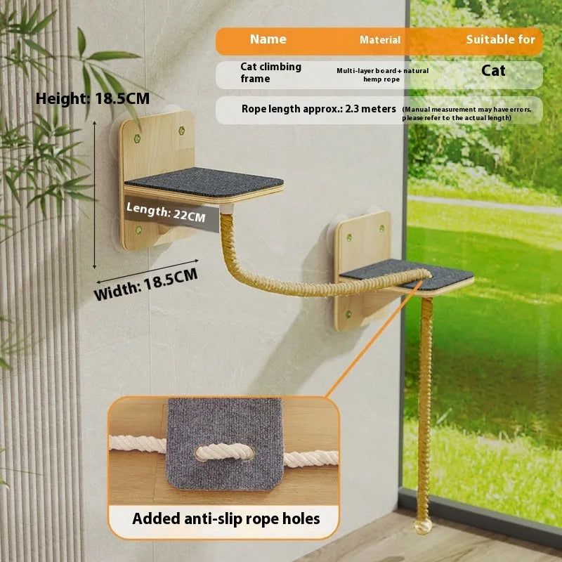 Modular grey cat scratching frame with sisal posts, a suspended fabric capsule, and a natural hemp hanging rope.