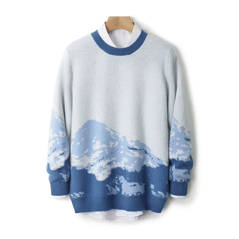 Men's loose wool knit pullover sweater in brown or blue, thickened casual top, sizes S to XXXL