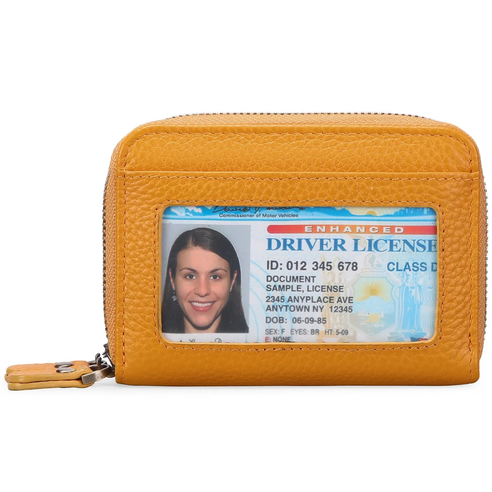 Genuine cowhide leather double layer card holder with zipper, shown in red colour with gift box.