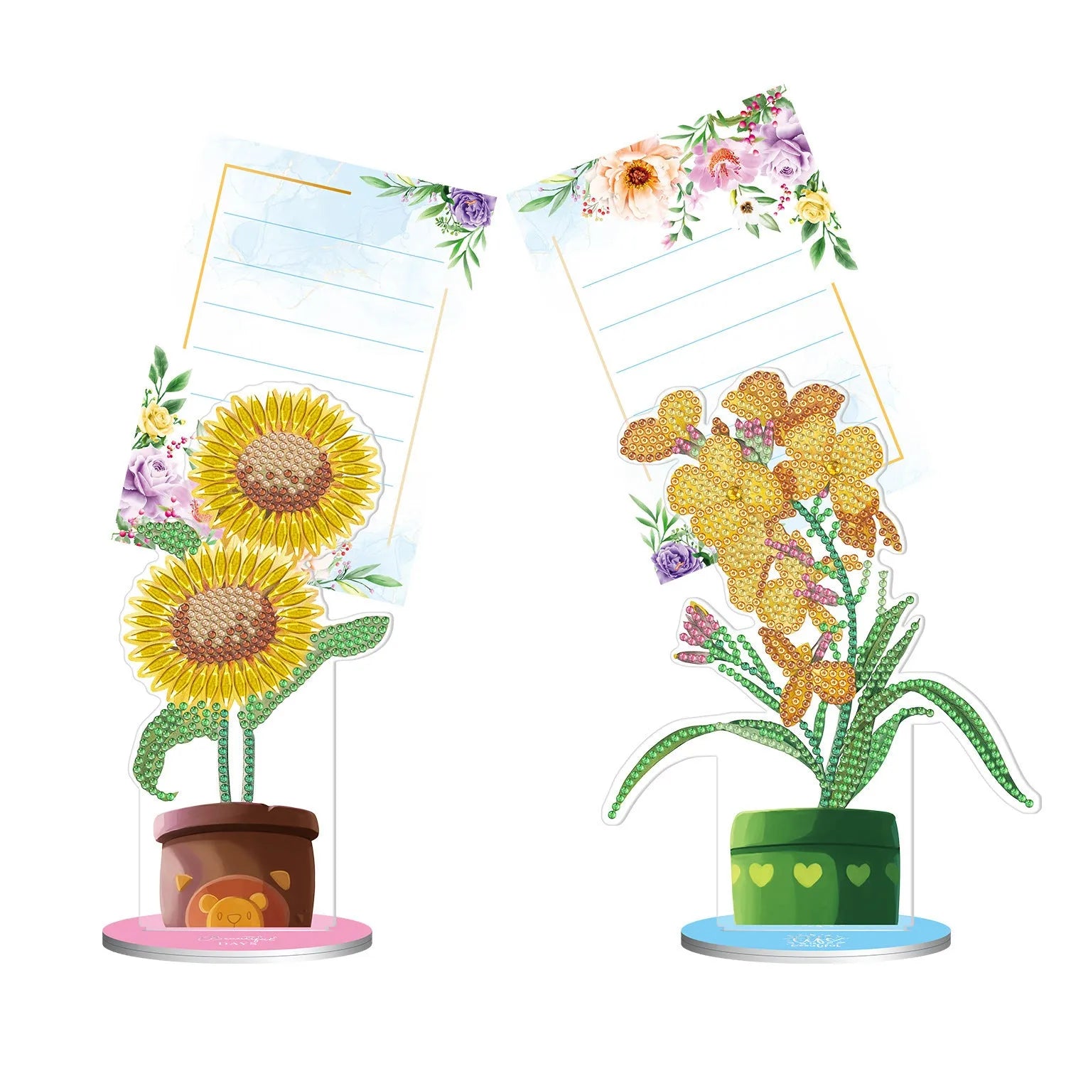 Handcrafted frameless diamond painting note clip desktop decoration on a wooden surface.