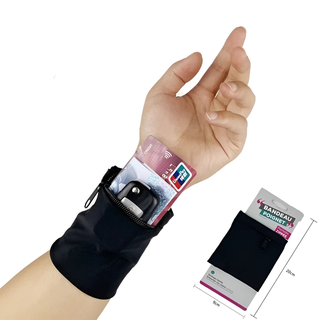 Black wrist sleeve bag with a mobile phone inserted, showing hands-free design on a person's wrist.