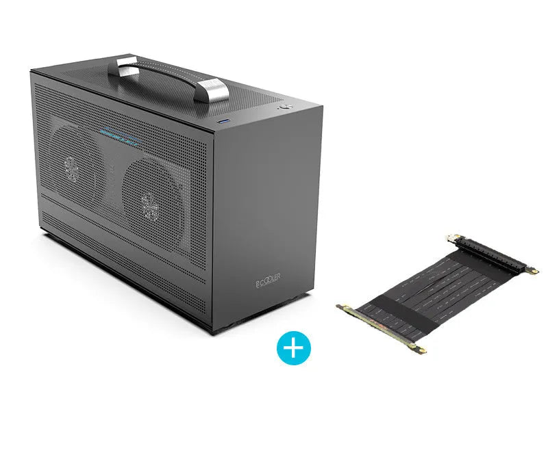 Three Hummingbird PRO titanium grey mini-ITX desktop computer case on a wooden desk