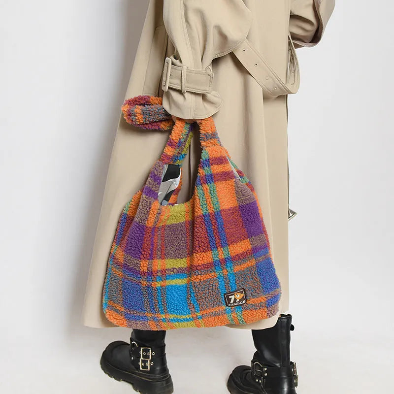 Women's plaid plush crossbody tote bag in orange, purple, or army green with shoulder strap