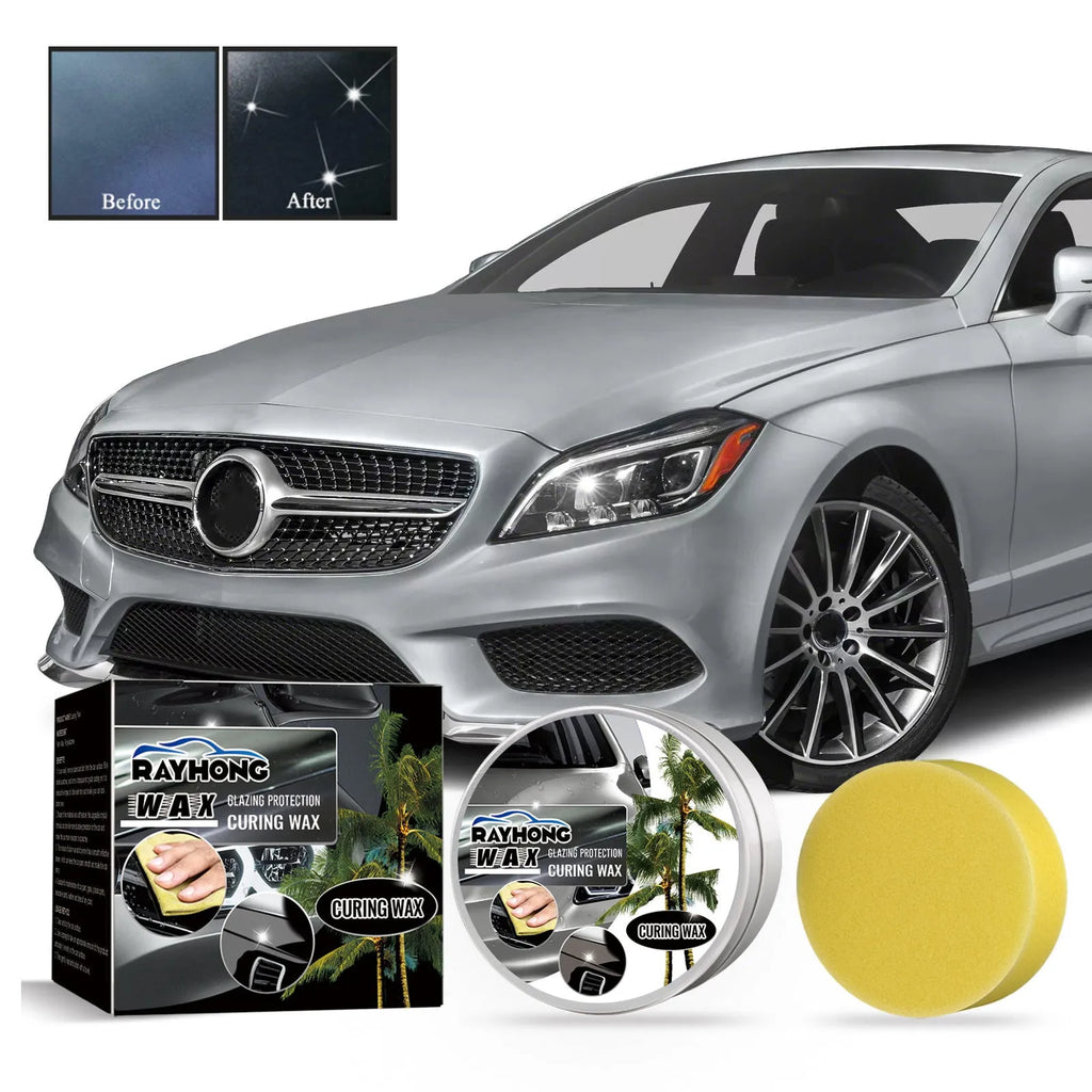 Car coating wax block and sponge applicator for paint protection and cleaning.