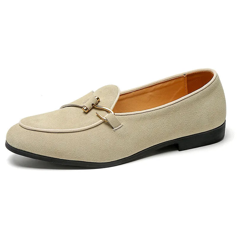 Pair of men's cow split suede leather loafers with low heel and metal detail in beige