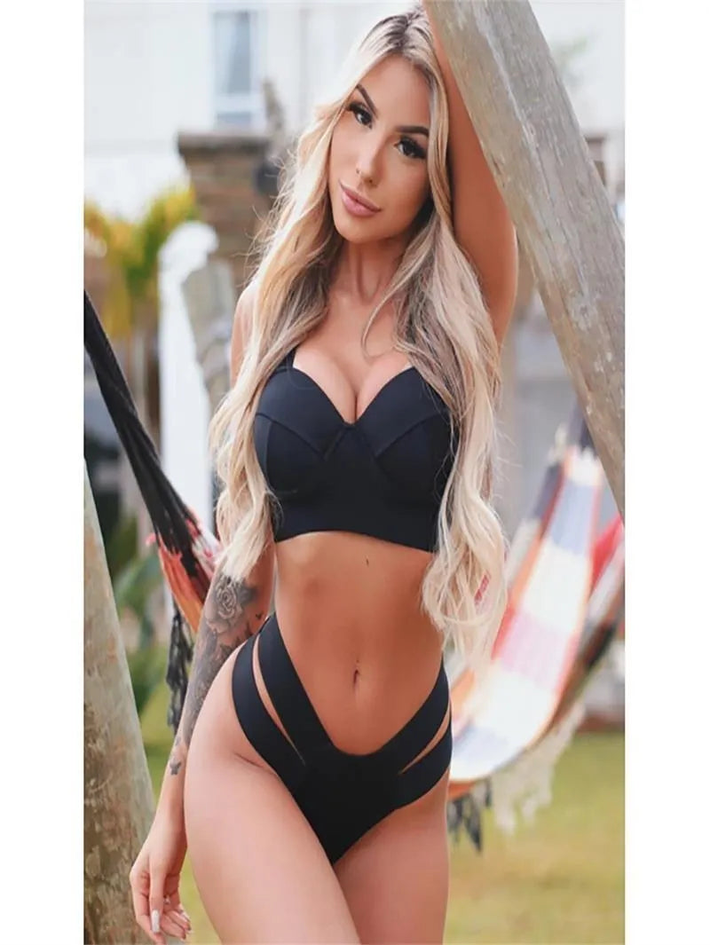 Women's steel bracket push-up bikini swimsuit in contrast colours with nylon fabric construction