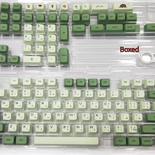 124 PBT dye-sublimation keycap set in matcha green colour on a keyboard.