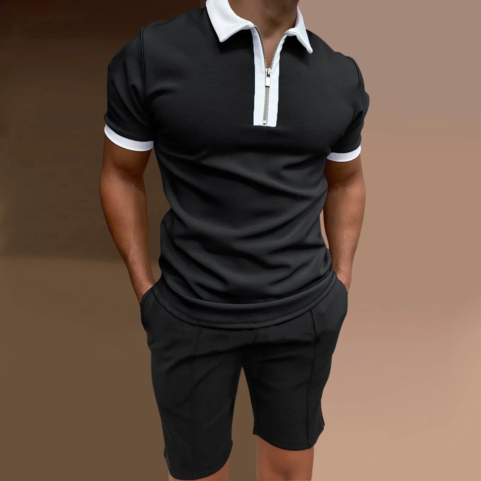 Men's casual printed short sleeve top and matching shorts two-piece set in various colours.