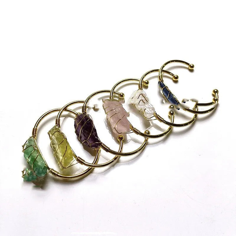 Natural crystal rough stone bracelet with geometric gold winding bohemian design