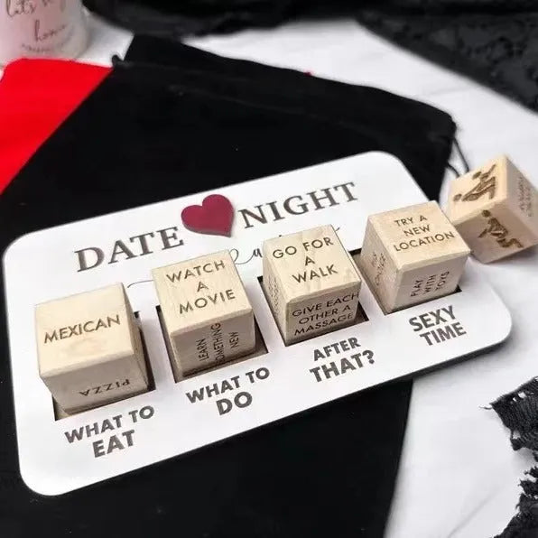 Wooden date night dice set with five decision dice, planner board, and black storage bag for couples