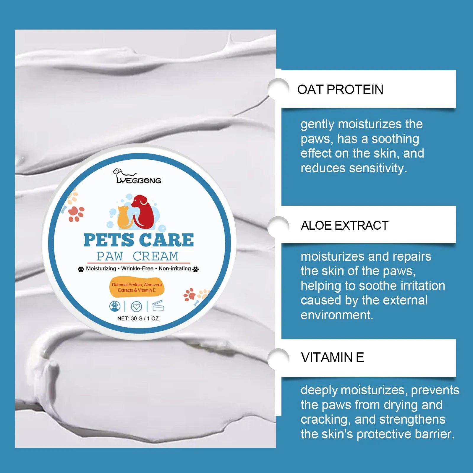 30g pot of Pet Paw Care Cream Deep Moisturizing for dogs with oat protein and aloe extract