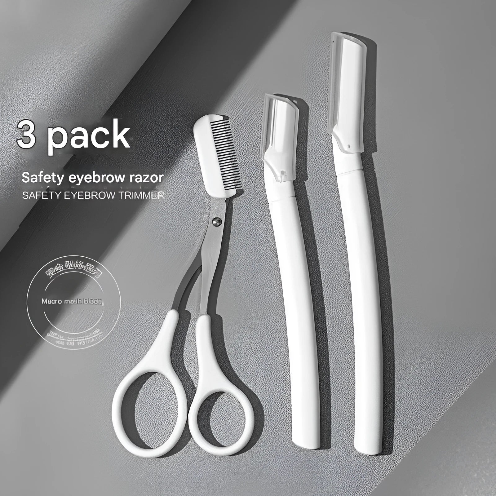 Eyebrow trimmer set with macro safety guard and compact plastic handle