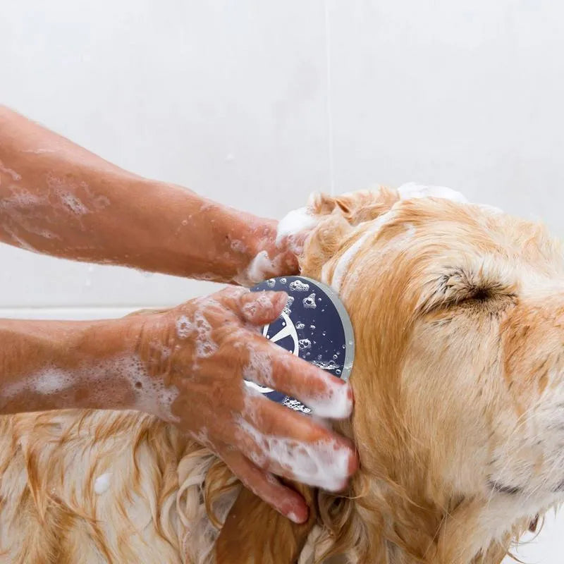Blue dog shampoo brush with silicone massage points and plastic handle for washing pets