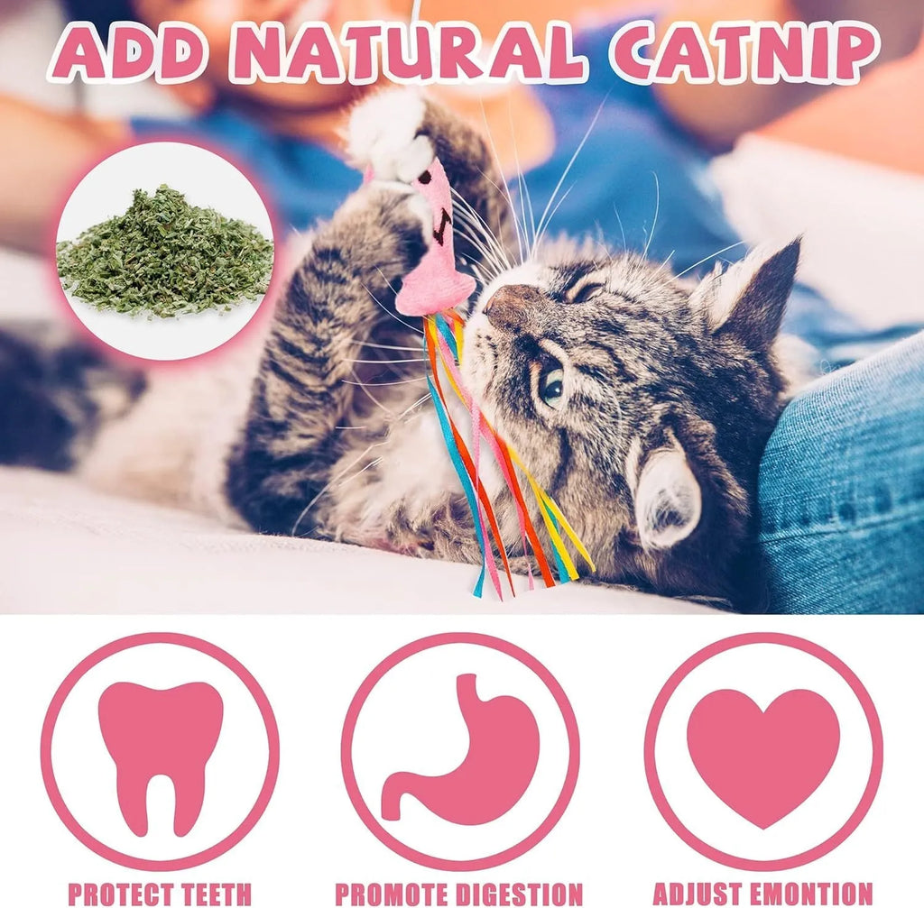 Cat wand toy with catnip fish, colourful ribbons and bell on natural wooden handle