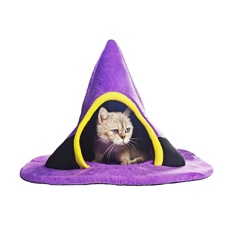 Purple cloth witch hat-shaped cat nest bed for pets, showing its wide brim and cosy interior.