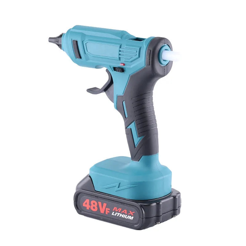 Handheld bare metal rechargeable hot melt glue gun with battery, charger, and glue sticks.