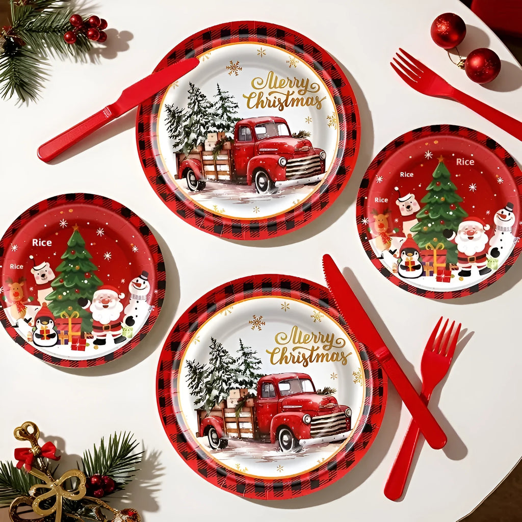 Pack of 10 disposable paper plates with cartoon Christmas design in 7-inch and 9-inch sizes