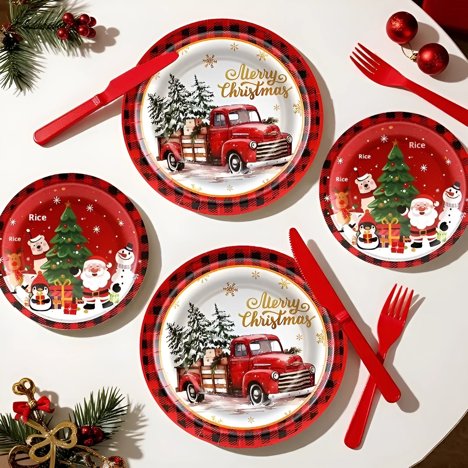 Pack of 10 disposable paper plates with cartoon Christmas design in 7-inch and 9-inch sizes
