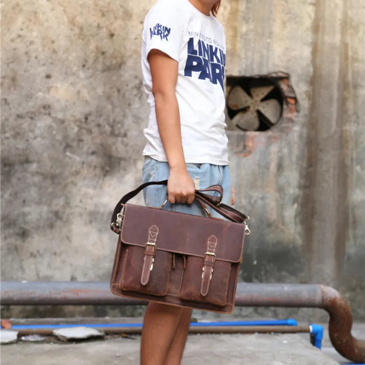 Yellow brown Crazy Horse leather messenger bag with shoulder strap and cowhide construction