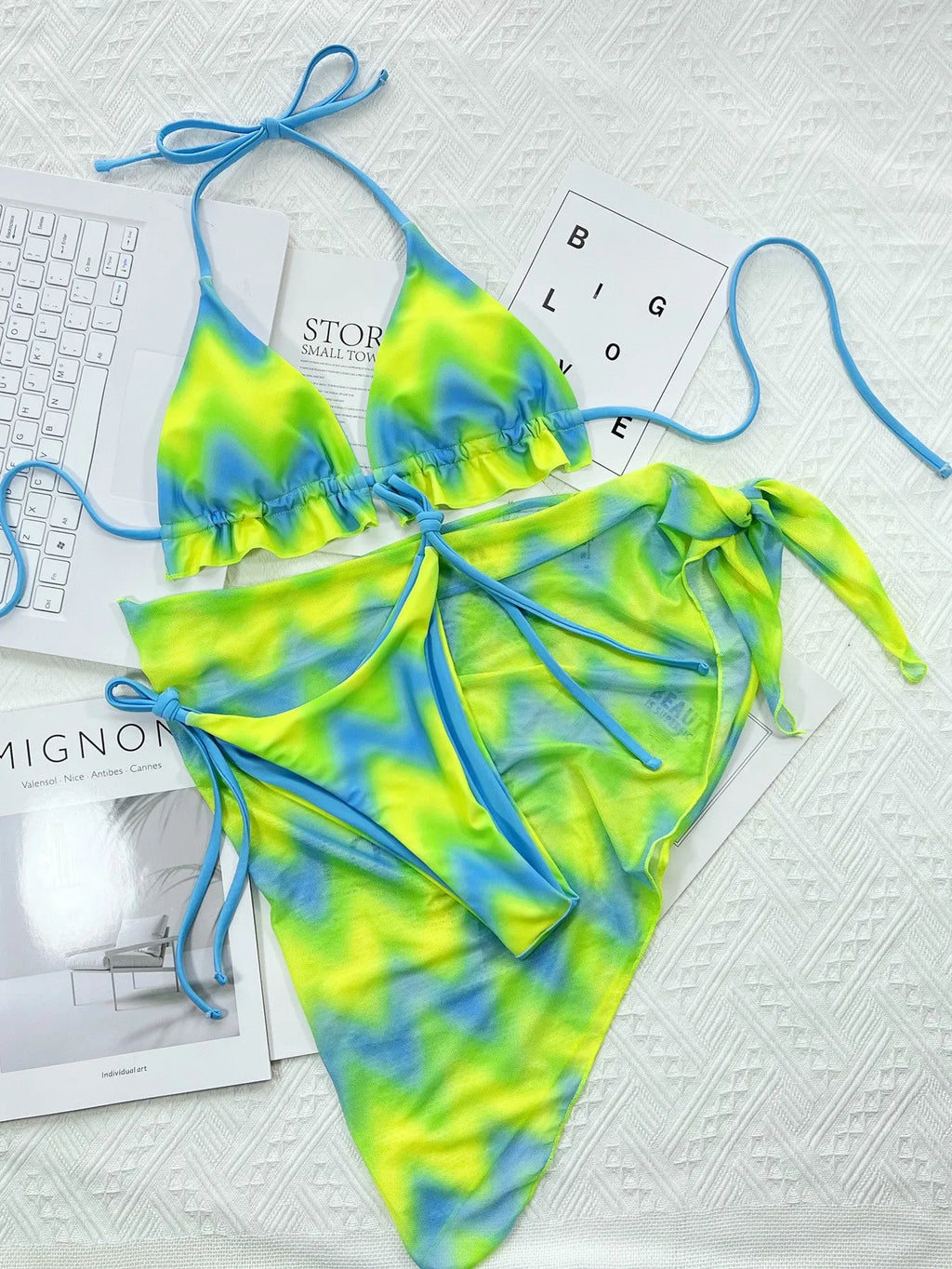Green tie dyed three-piece bikini set with bra, briefs, and skirt, nylon lining, sizes S M L