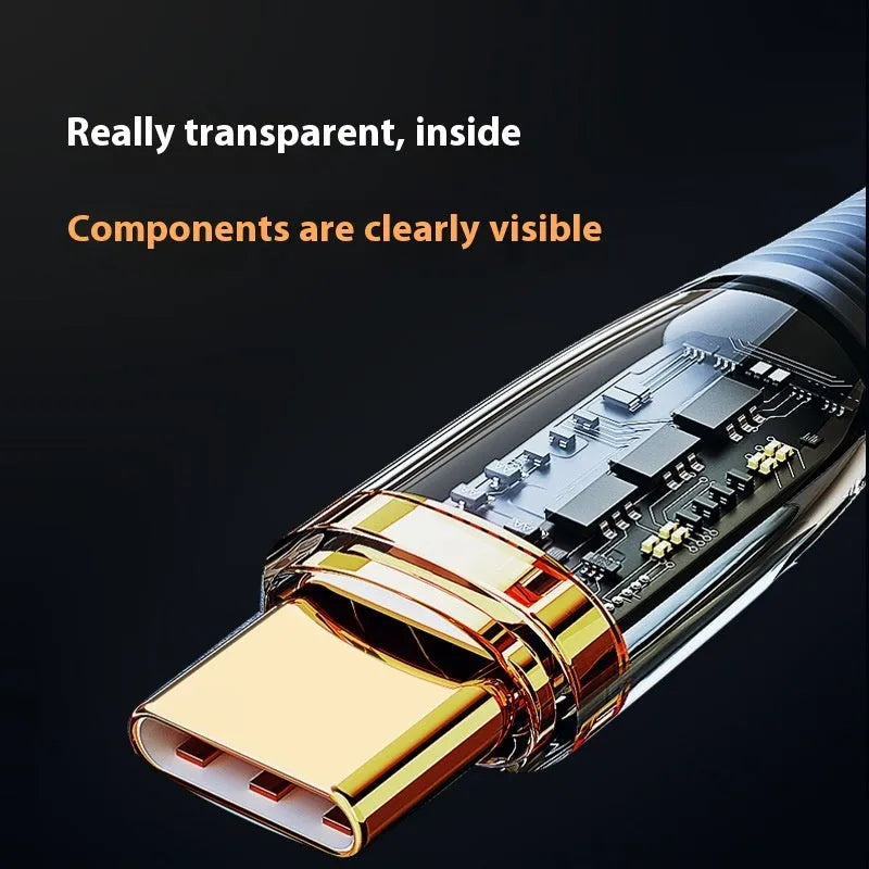 Transparent gold-plated 120W super fast charge Type-C data cable with woven fabric exterior, 2 metres long, black colour